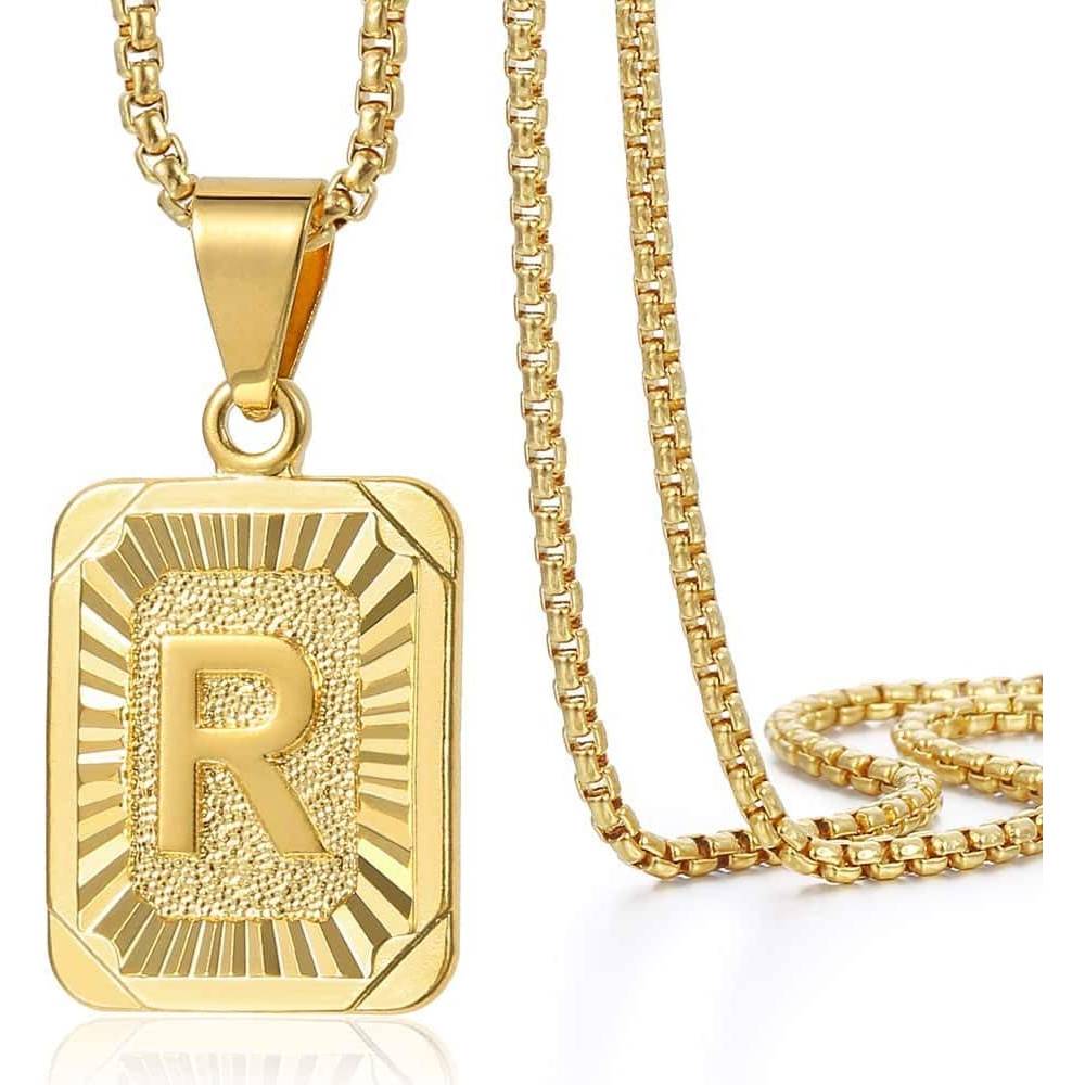 Trendsmax Initial A-Z Letter Pendant Necklace Mens Womens Capital Letter Yellow Gold Plated Stainless Steel Box Chain 22inch | Multiple Styles - R