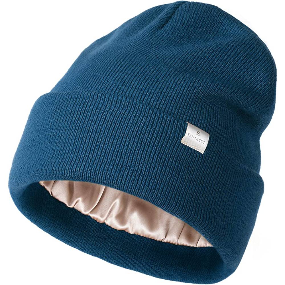 YANIBEST Womens Saitn Lined Knit Beanie Hat Acrylic Winter Hats for Women Men Silk Lining Soft Slouchy Warm Cuffed Beanie Hat | Multiple Colors - Bl